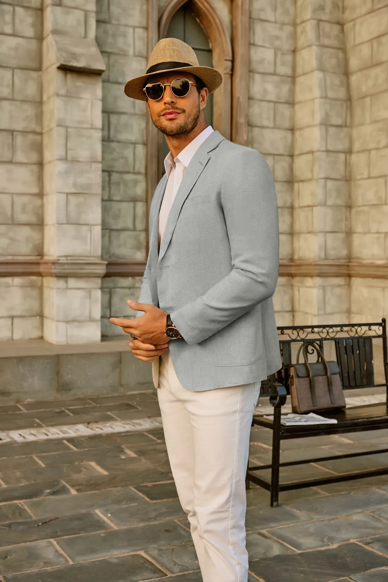 Men's Casual Slim Fit Linen Jacket Lightweight two Buttons Blazer Sport Coat