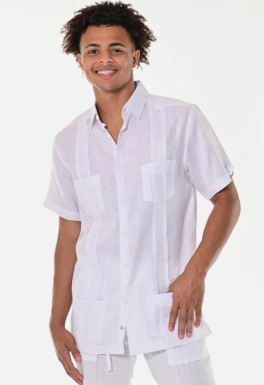 Men's Guayabera 100% Linen Embroidered Panel Fancy Cuban Chacabana Shirt  | BOHIO MLG1272