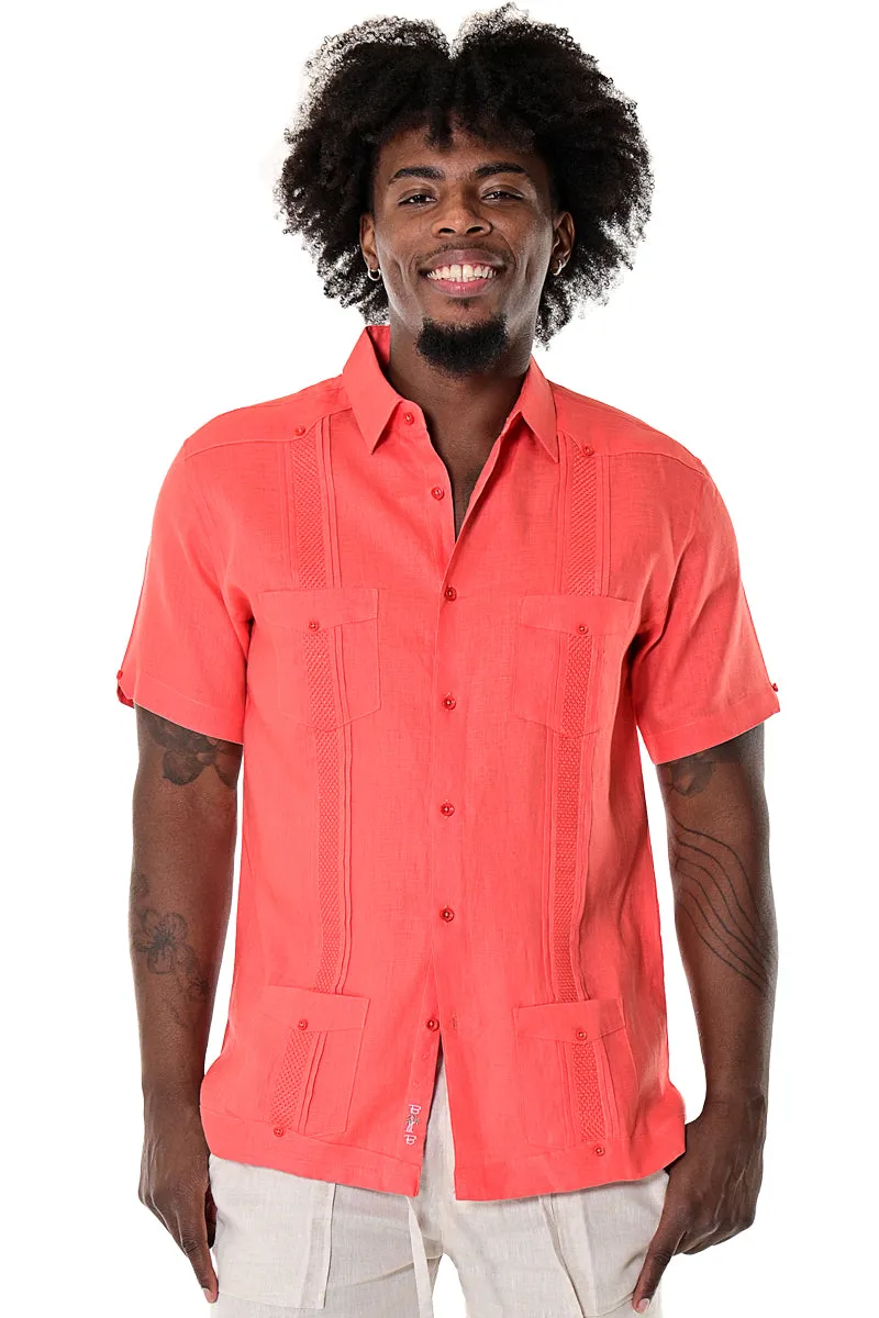 Men's Guayabera 100% Linen Embroidered Panel Fancy Cuban Chacabana Shirt  | BOHIO MLG1272