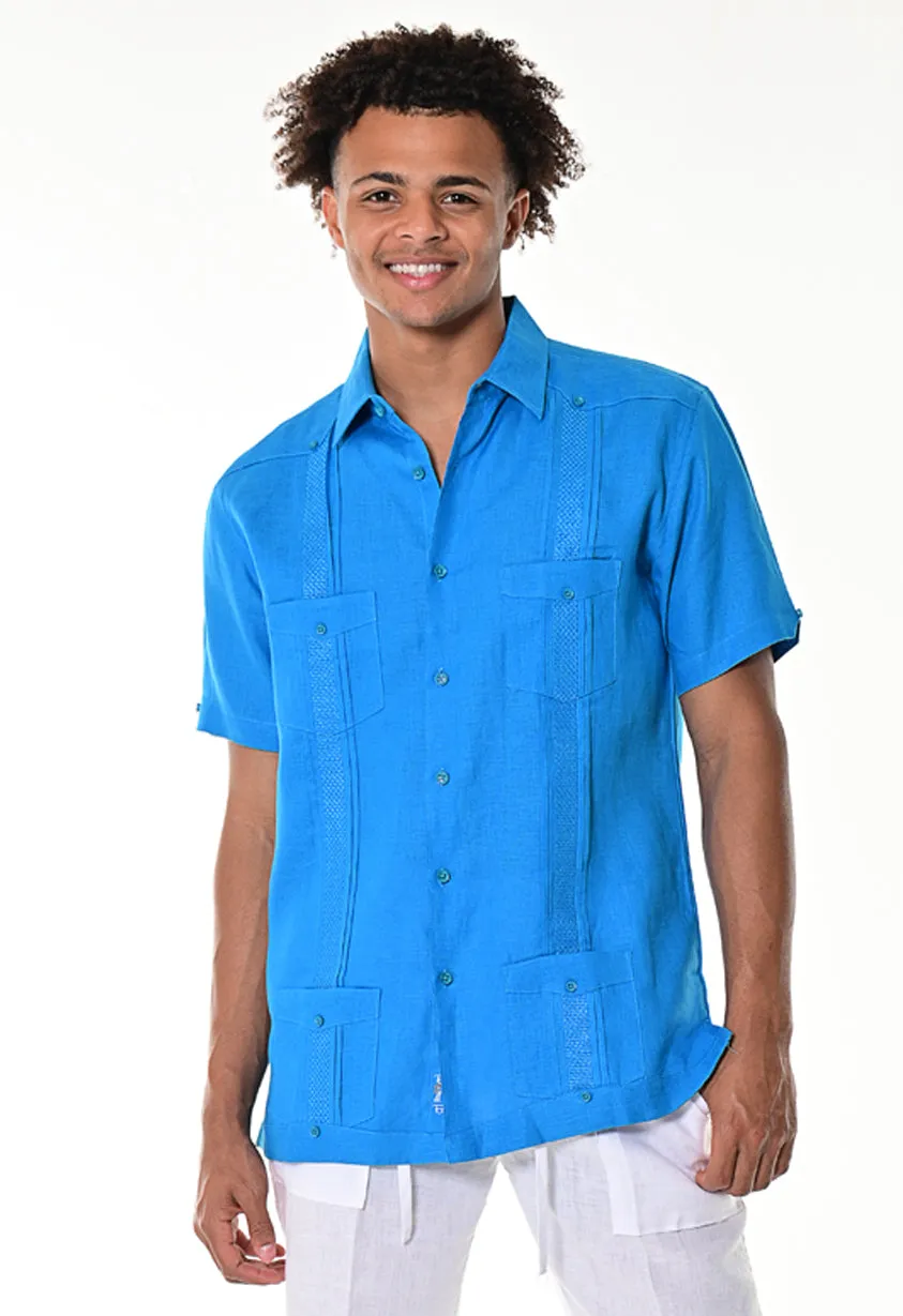 Men's Guayabera 100% Linen Embroidered Panel Fancy Cuban Chacabana Shirt  | BOHIO MLG1272