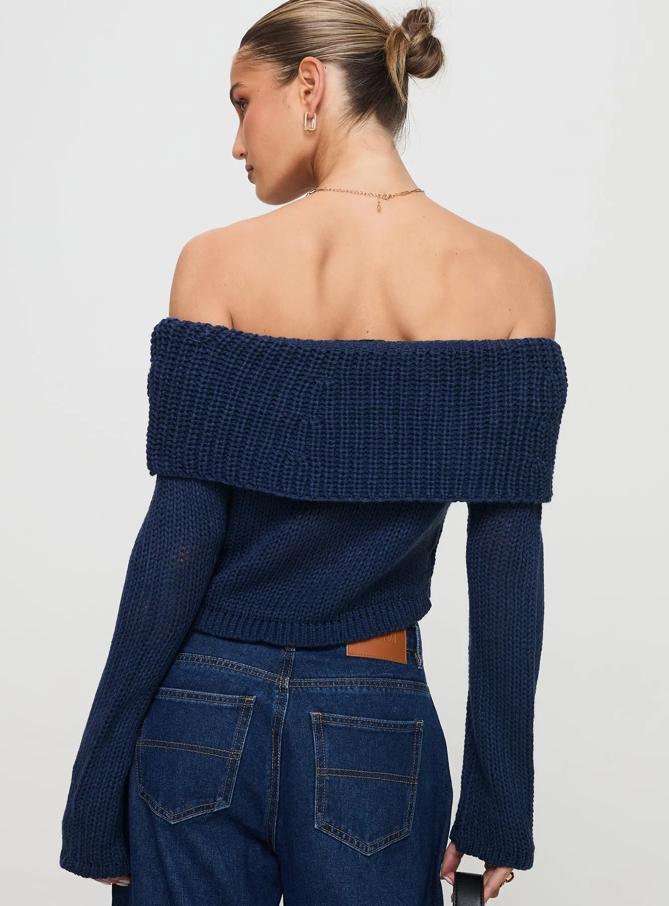 Milky Way Off Shoulder Knit Sweater Blue