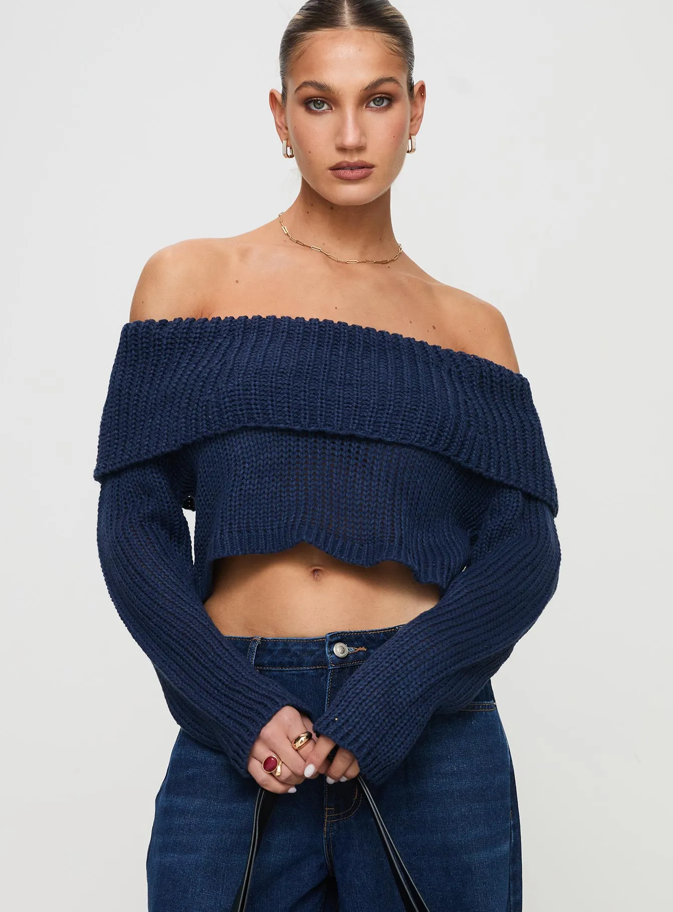 Milky Way Off Shoulder Knit Sweater Blue