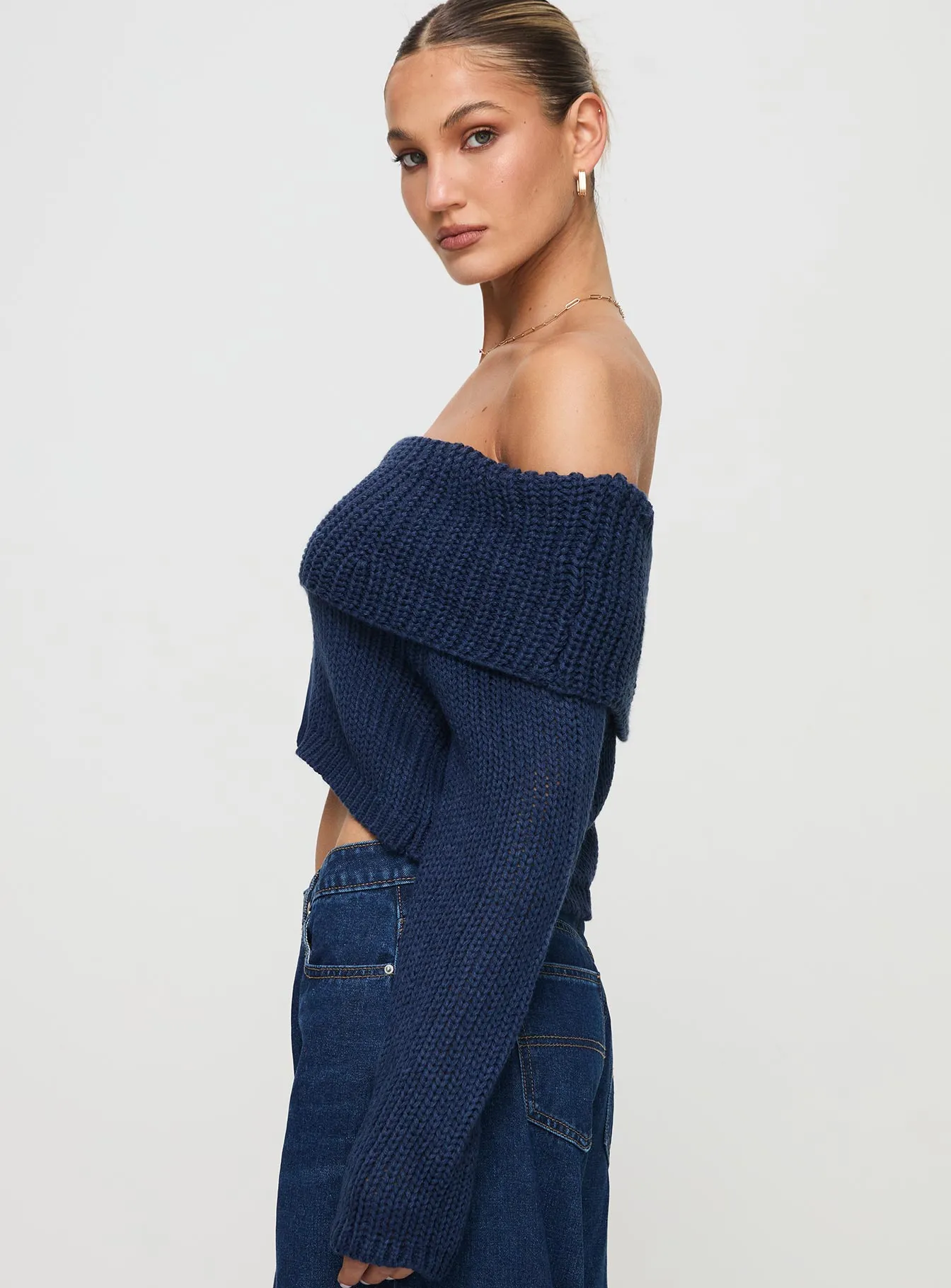 Milky Way Off Shoulder Knit Sweater Blue