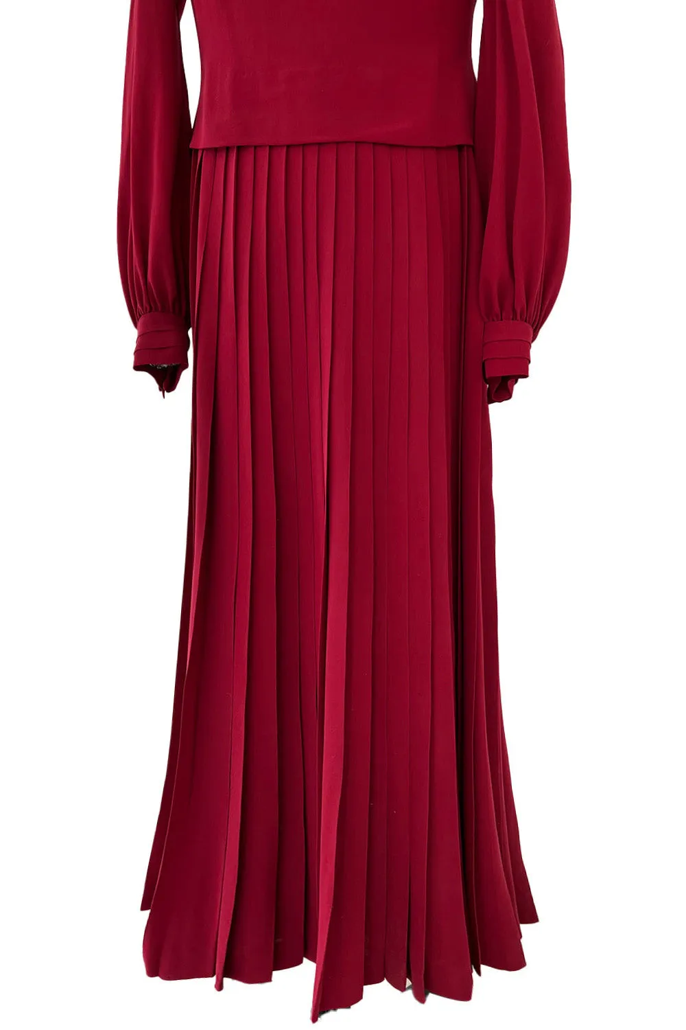 Minimalist 1970s Pierre Balmain Numbered Haute Couture Rich Red Silk Dress w Knife Pleat Detailing