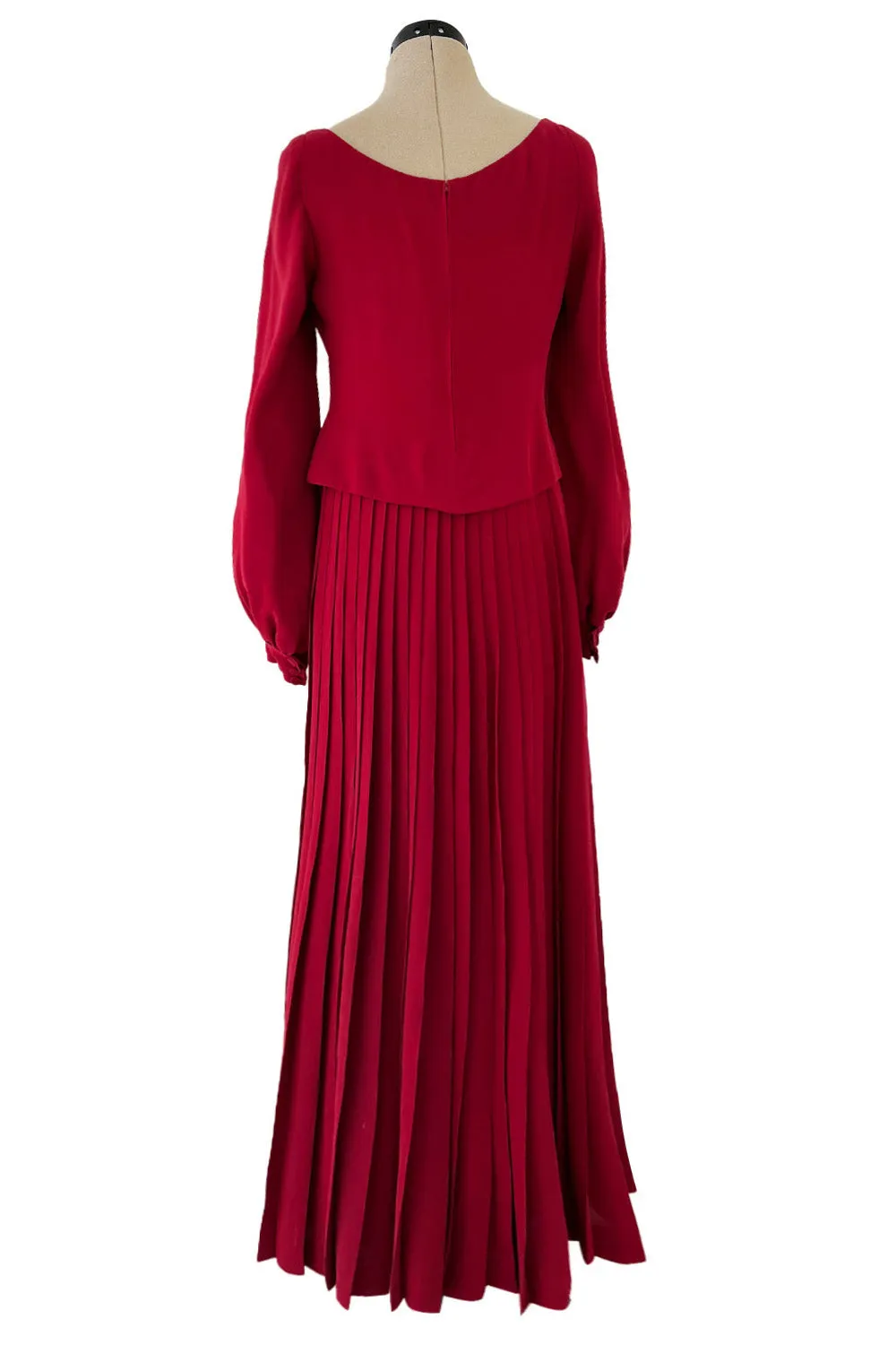 Minimalist 1970s Pierre Balmain Numbered Haute Couture Rich Red Silk Dress w Knife Pleat Detailing