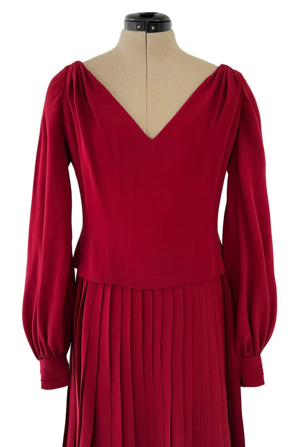 Minimalist 1970s Pierre Balmain Numbered Haute Couture Rich Red Silk Dress w Knife Pleat Detailing