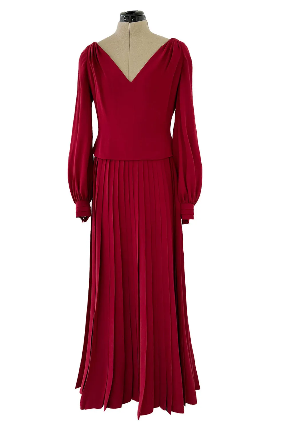 Minimalist 1970s Pierre Balmain Numbered Haute Couture Rich Red Silk Dress w Knife Pleat Detailing