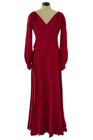 Minimalist 1970s Pierre Balmain Numbered Haute Couture Rich Red Silk Dress w Knife Pleat Detailing