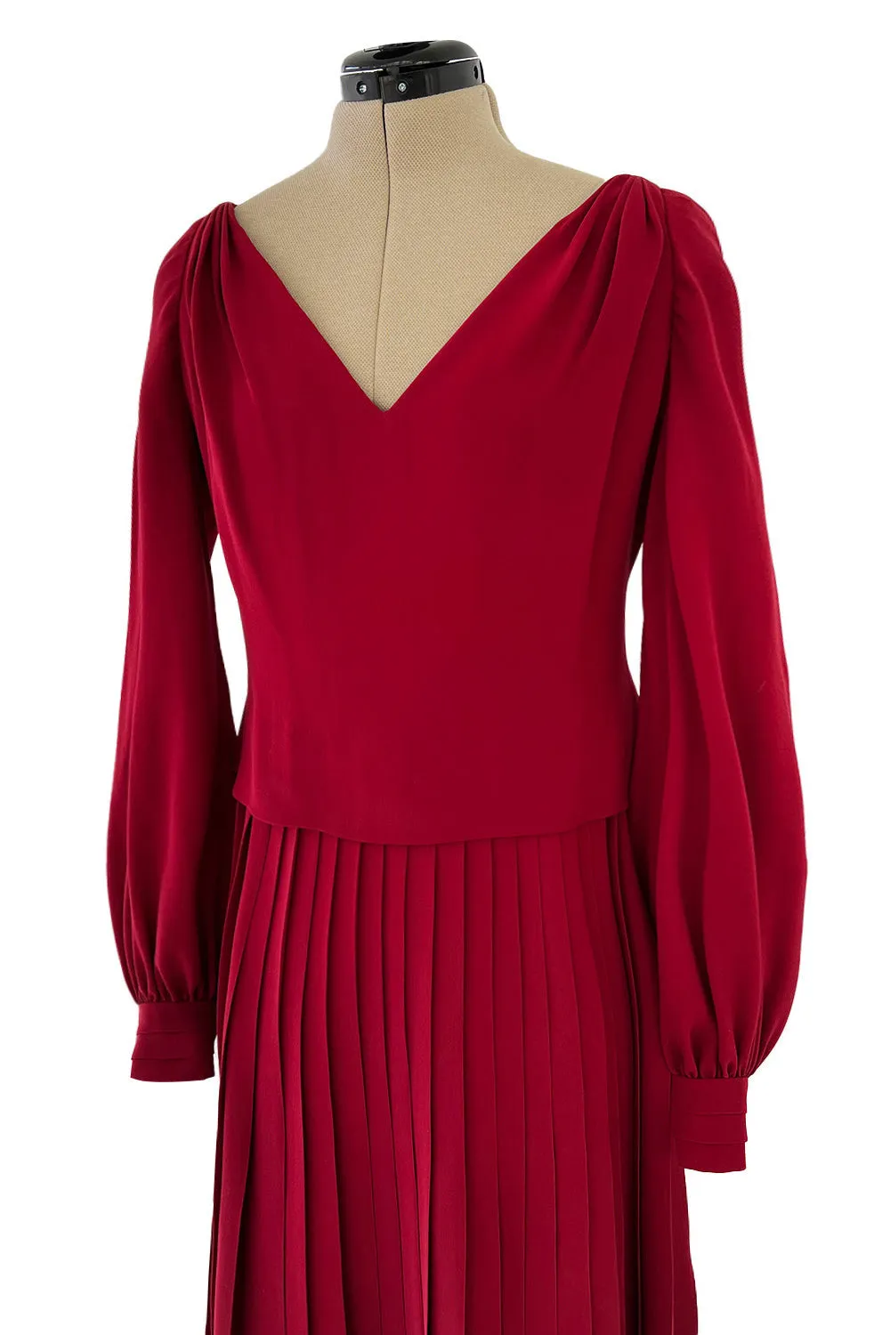 Minimalist 1970s Pierre Balmain Numbered Haute Couture Rich Red Silk Dress w Knife Pleat Detailing