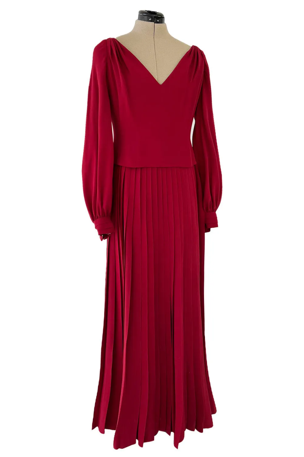 Minimalist 1970s Pierre Balmain Numbered Haute Couture Rich Red Silk Dress w Knife Pleat Detailing