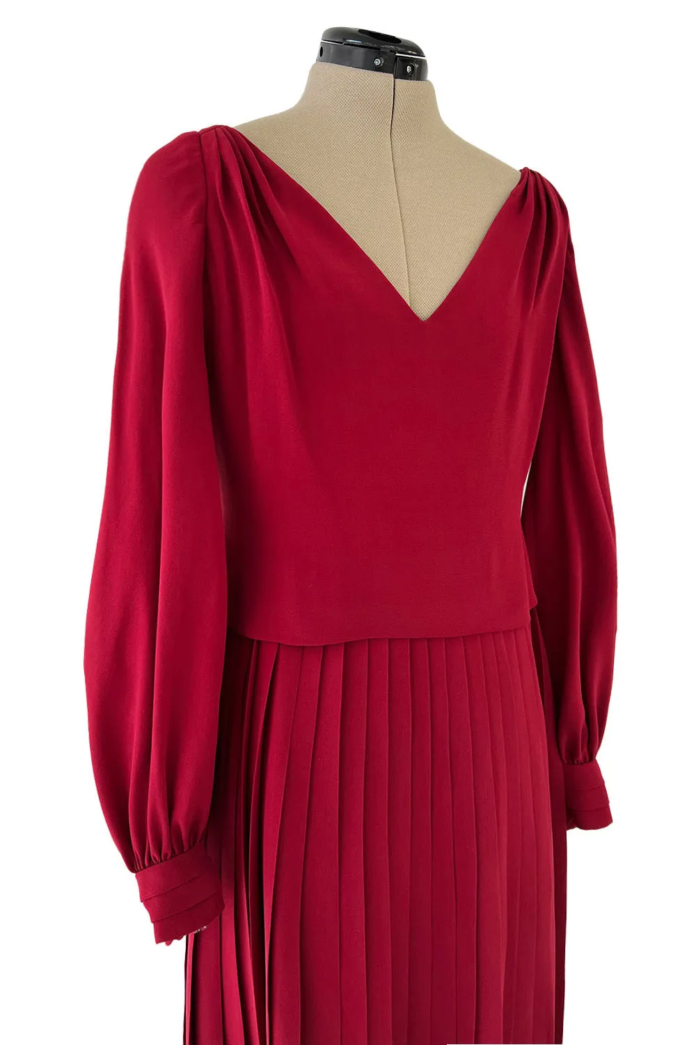 Minimalist 1970s Pierre Balmain Numbered Haute Couture Rich Red Silk Dress w Knife Pleat Detailing