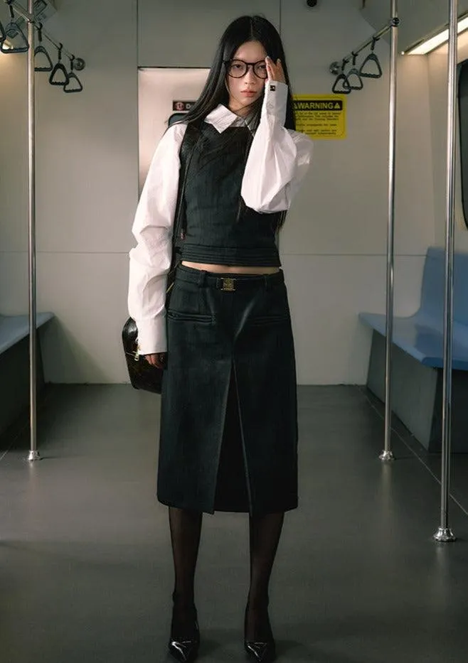 Minimalist Suit Vest & Gold Buckle Belt Skirt & Pants