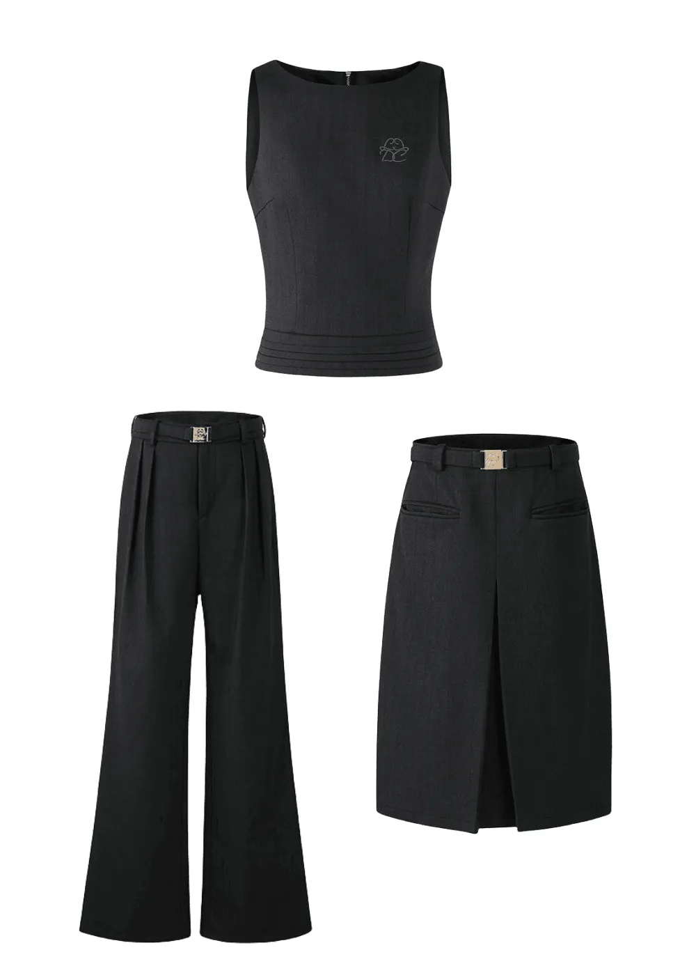 Minimalist Suit Vest & Gold Buckle Belt Skirt & Pants