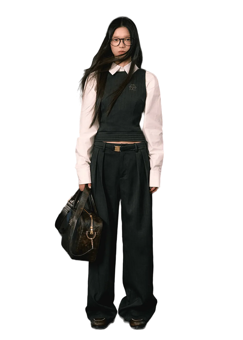 Minimalist Suit Vest & Gold Buckle Belt Skirt & Pants