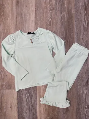 NON Green Henley Shirt with Ruffle Hem Pant