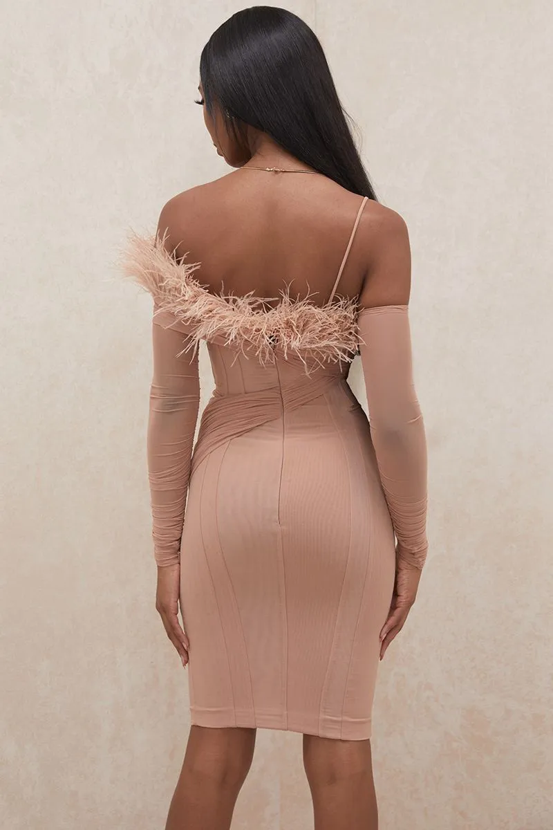 Nude Color Pencil Skirt With Feather, Party Dresses , Ocassion Dresses