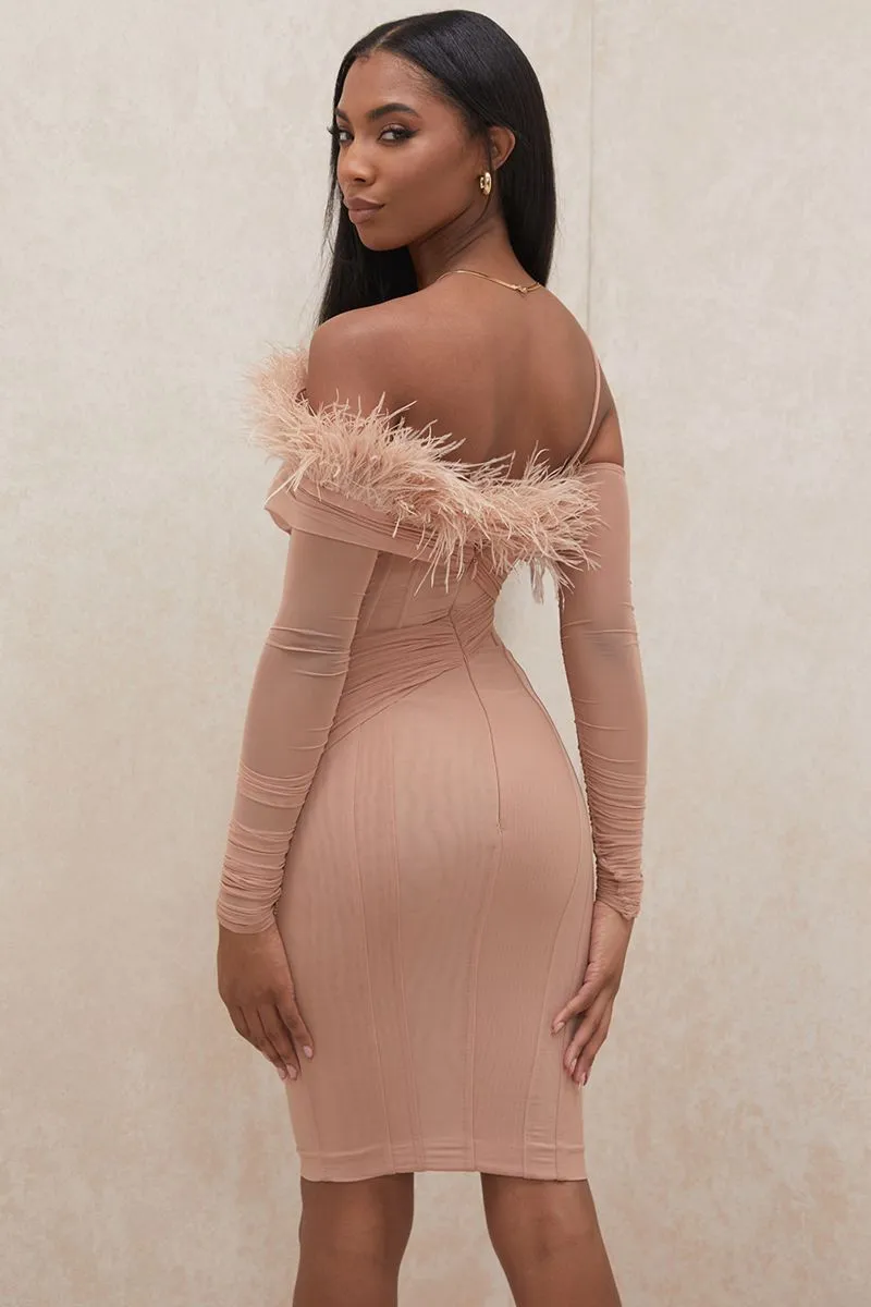 Nude Color Pencil Skirt With Feather, Party Dresses , Ocassion Dresses