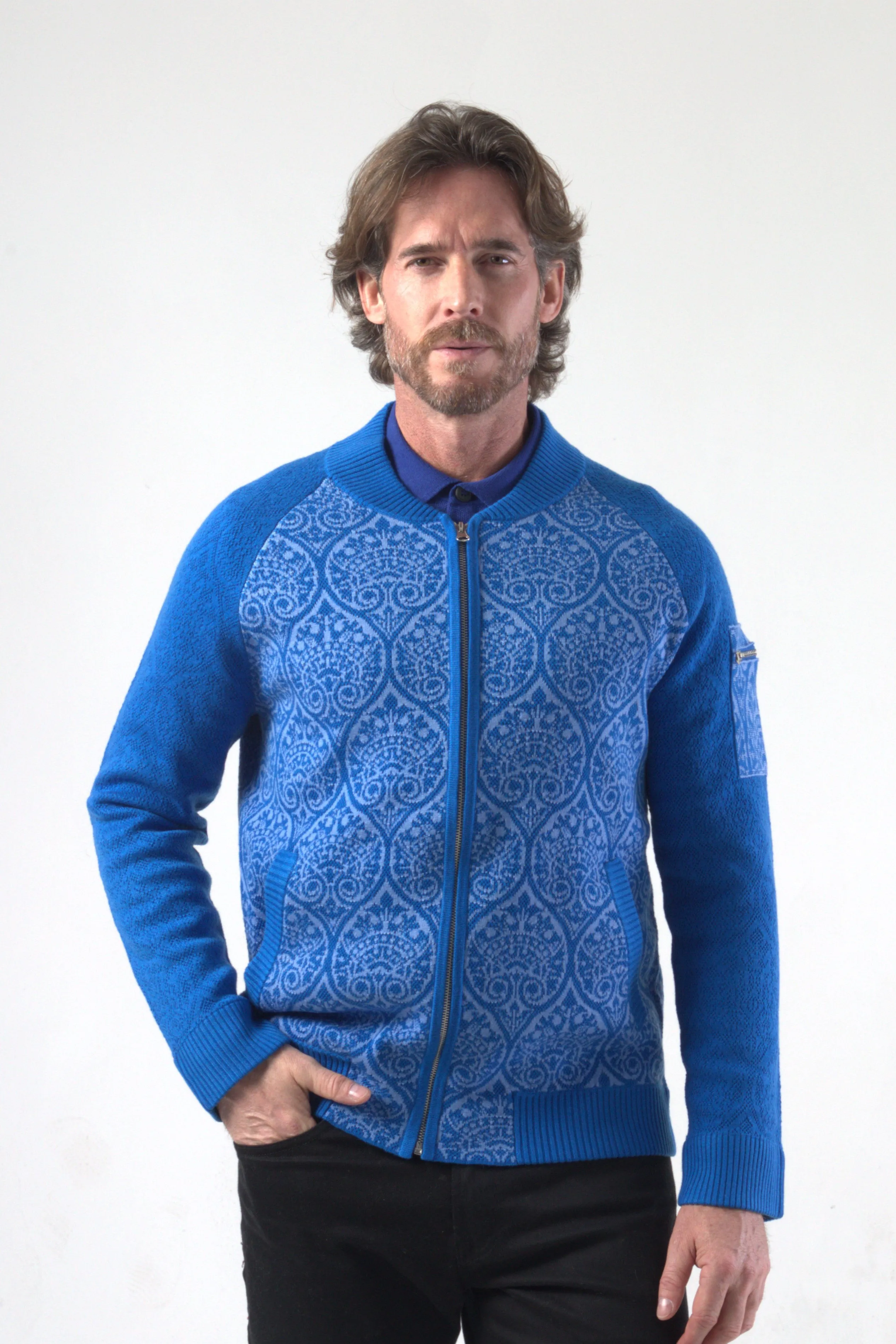 Paisley Pattern Jacquard Knit Bomber Jacket