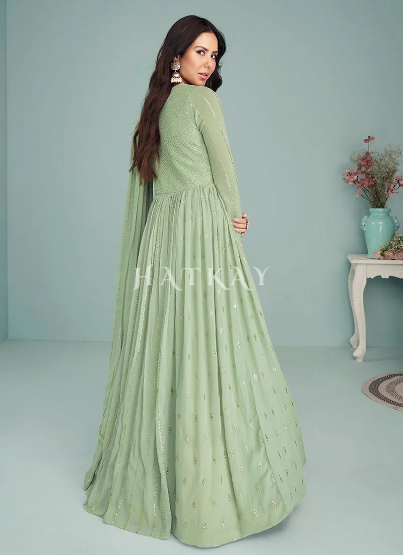 Pastel Green Embroidered Georgette Anarkali Suit