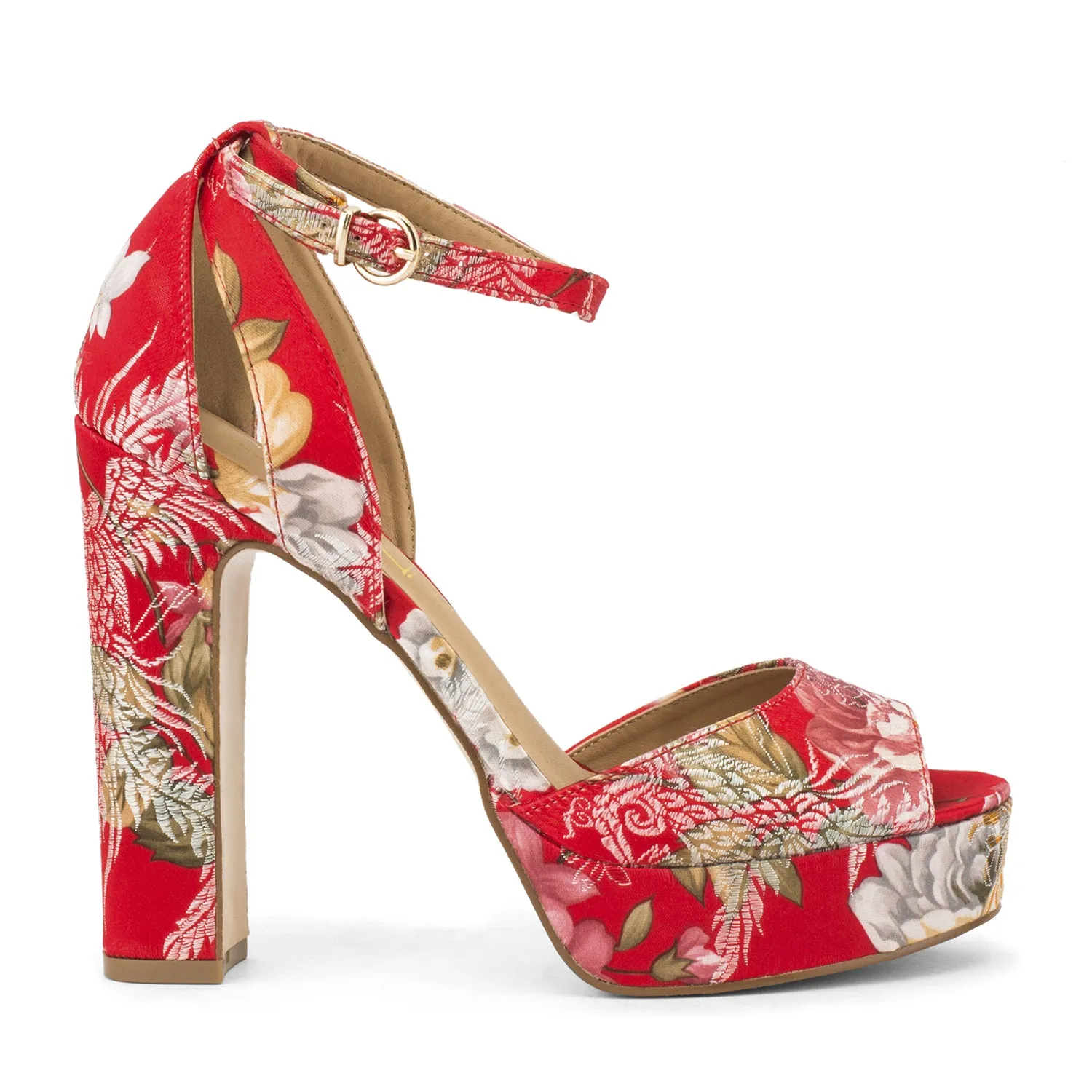 Pink Floral Print Block Heel Sandals