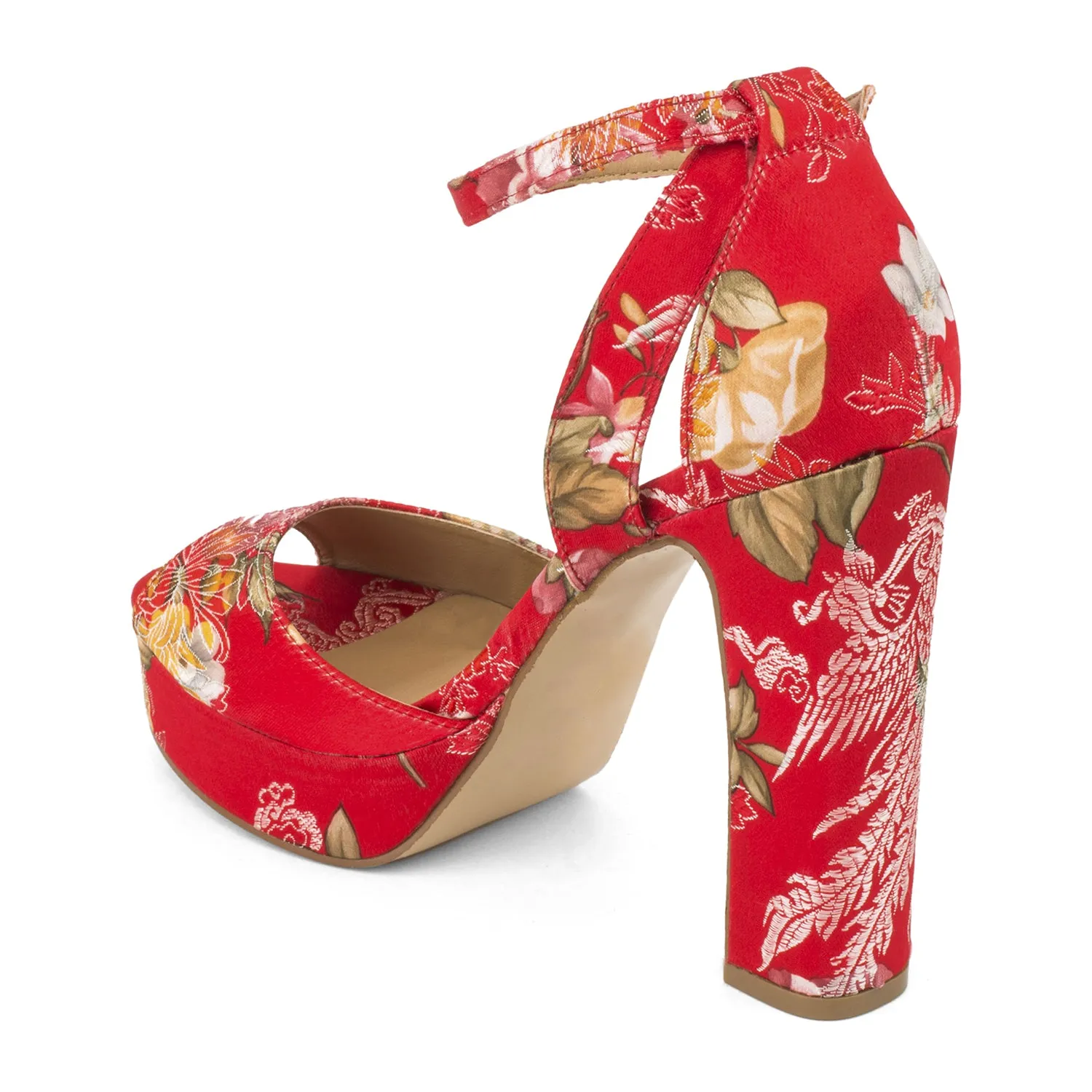 Pink Floral Print Block Heel Sandals