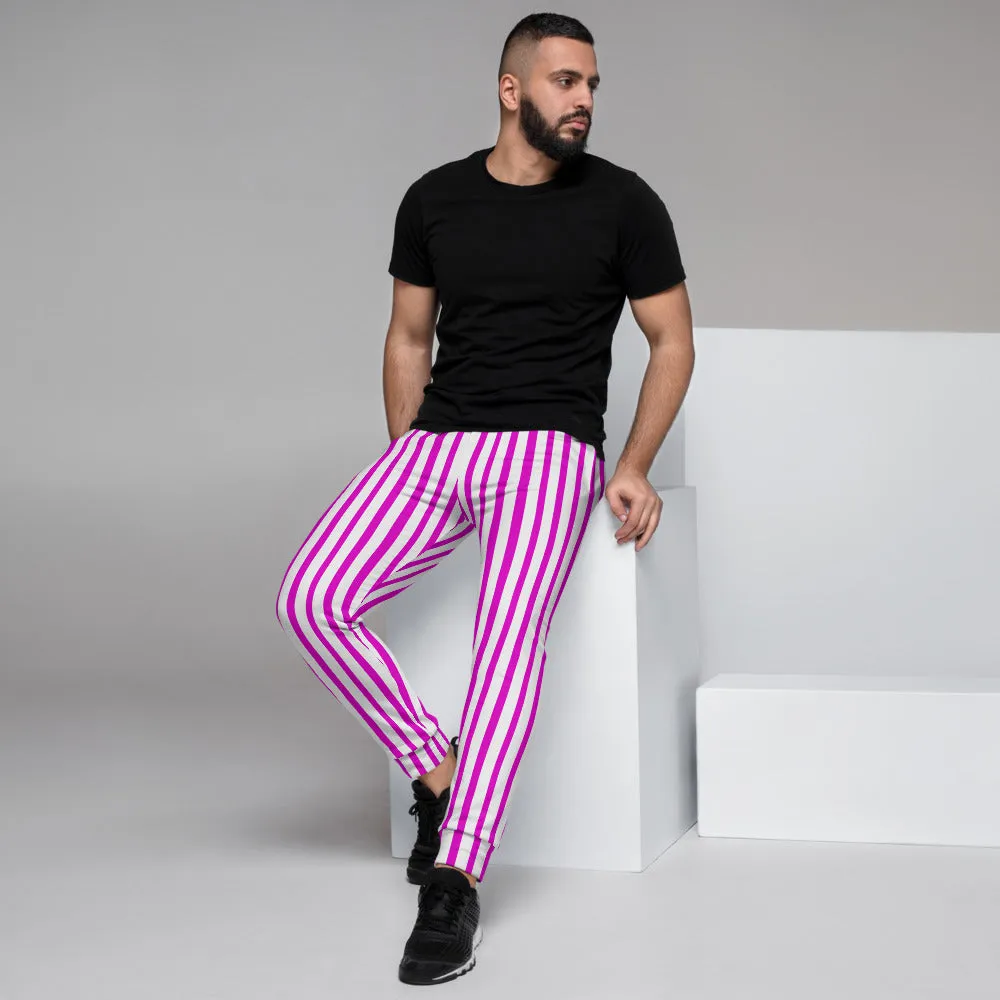 Pink White Striped Men's Joggers, Circus Colorful Party Casual Soft Sweatpants-Made in EU