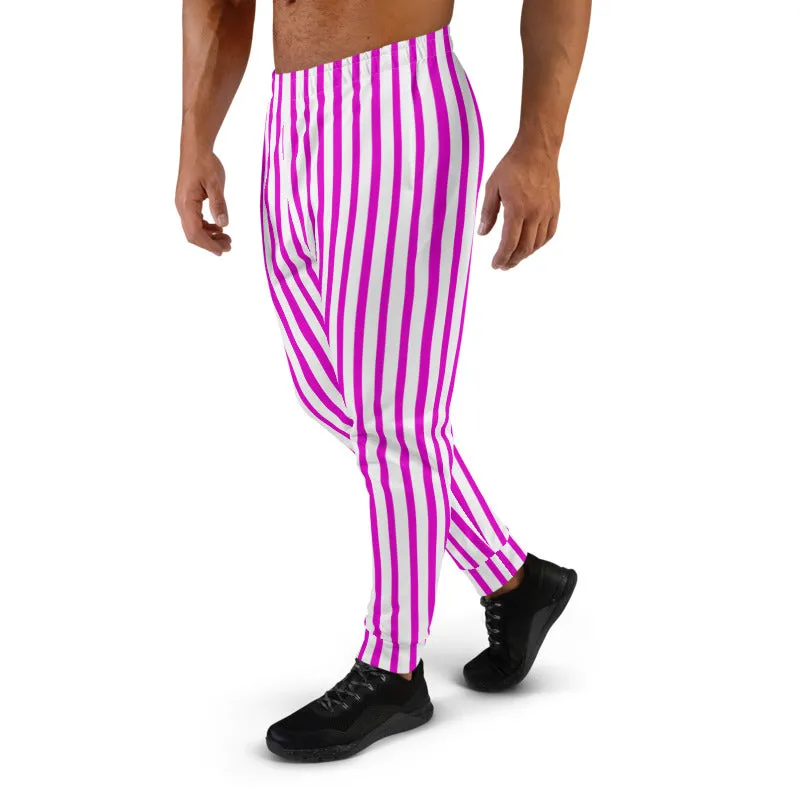 Pink White Striped Men's Joggers, Circus Colorful Party Casual Soft Sweatpants-Made in EU