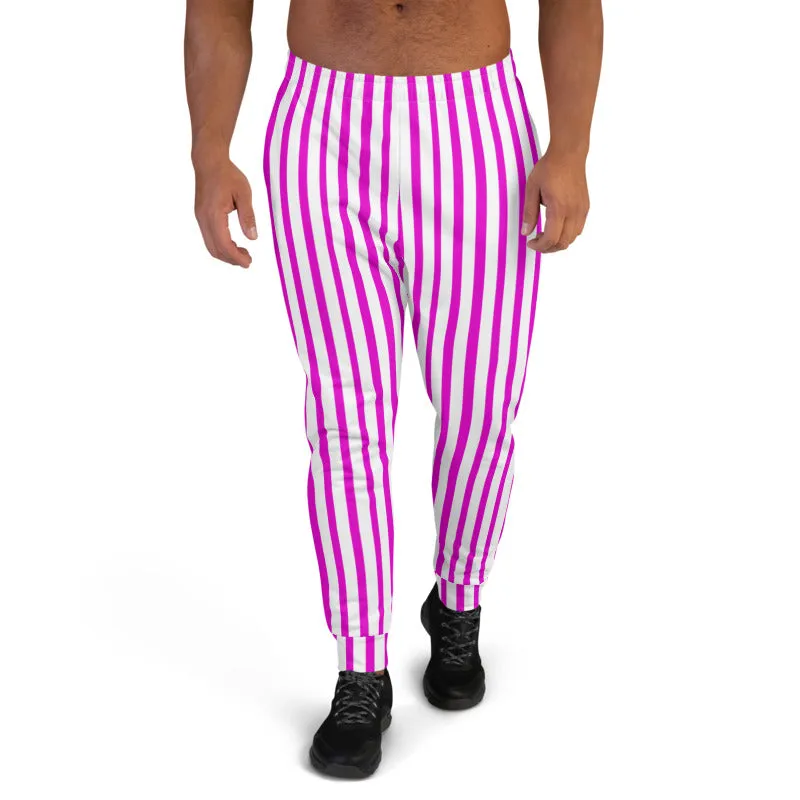 Pink White Striped Men's Joggers, Circus Colorful Party Casual Soft Sweatpants-Made in EU