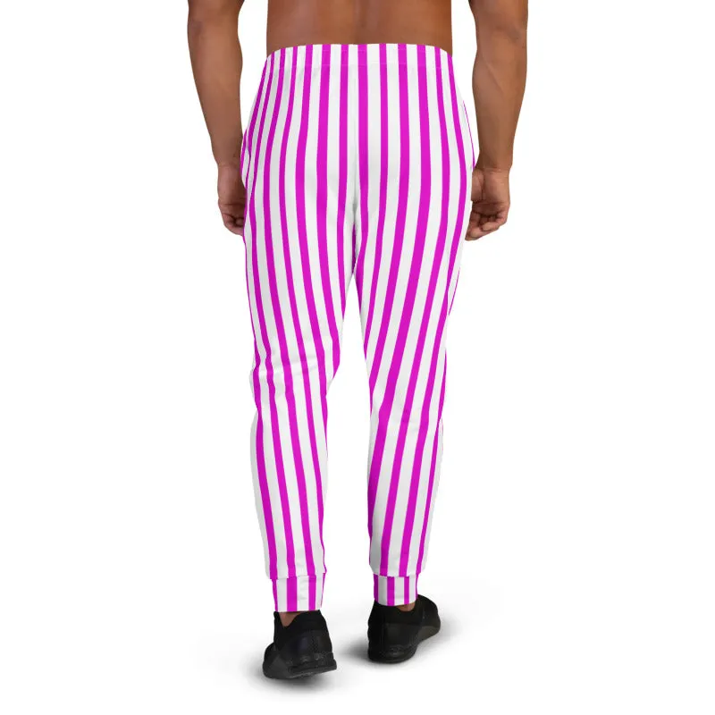 Pink White Striped Men's Joggers, Circus Colorful Party Casual Soft Sweatpants-Made in EU