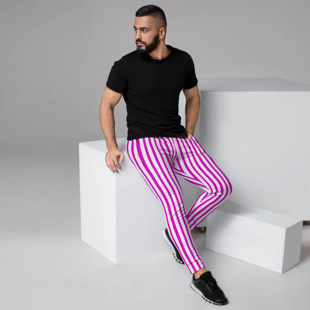 Pink White Striped Men's Joggers, Circus Colorful Party Casual Soft Sweatpants-Made in EU