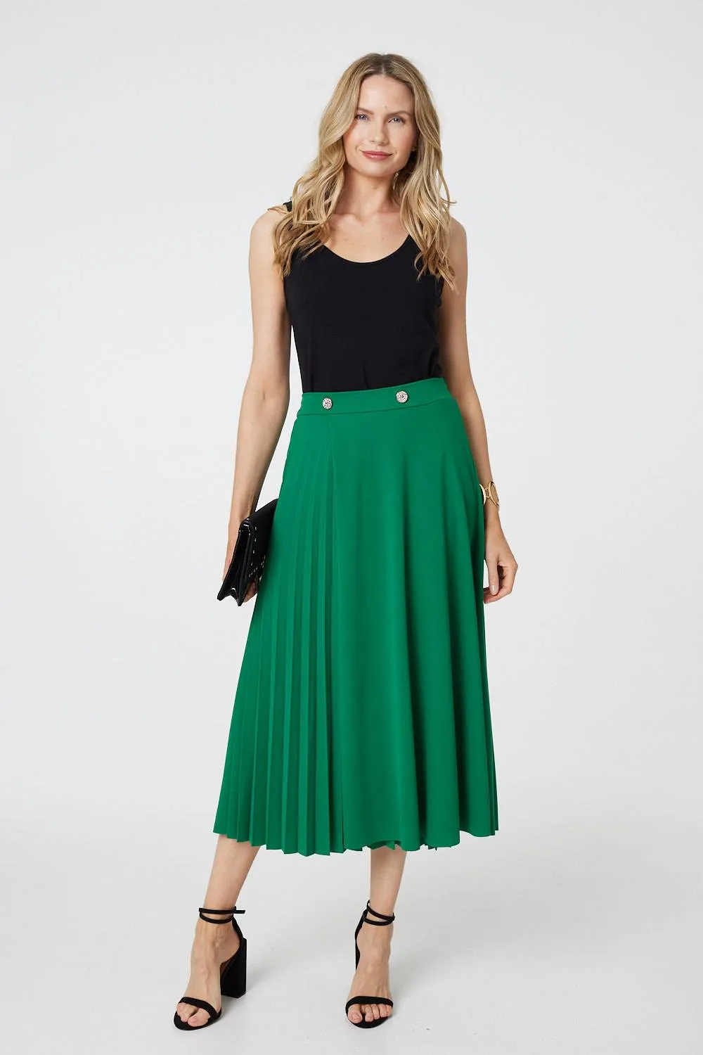 Pleat Detail High Waist A-Line Midi Skirt