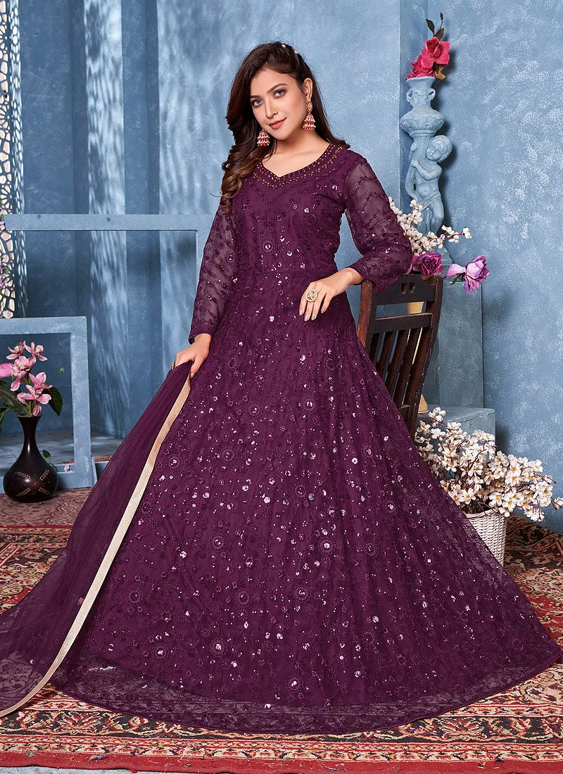 Purple Net Anarkali Suit