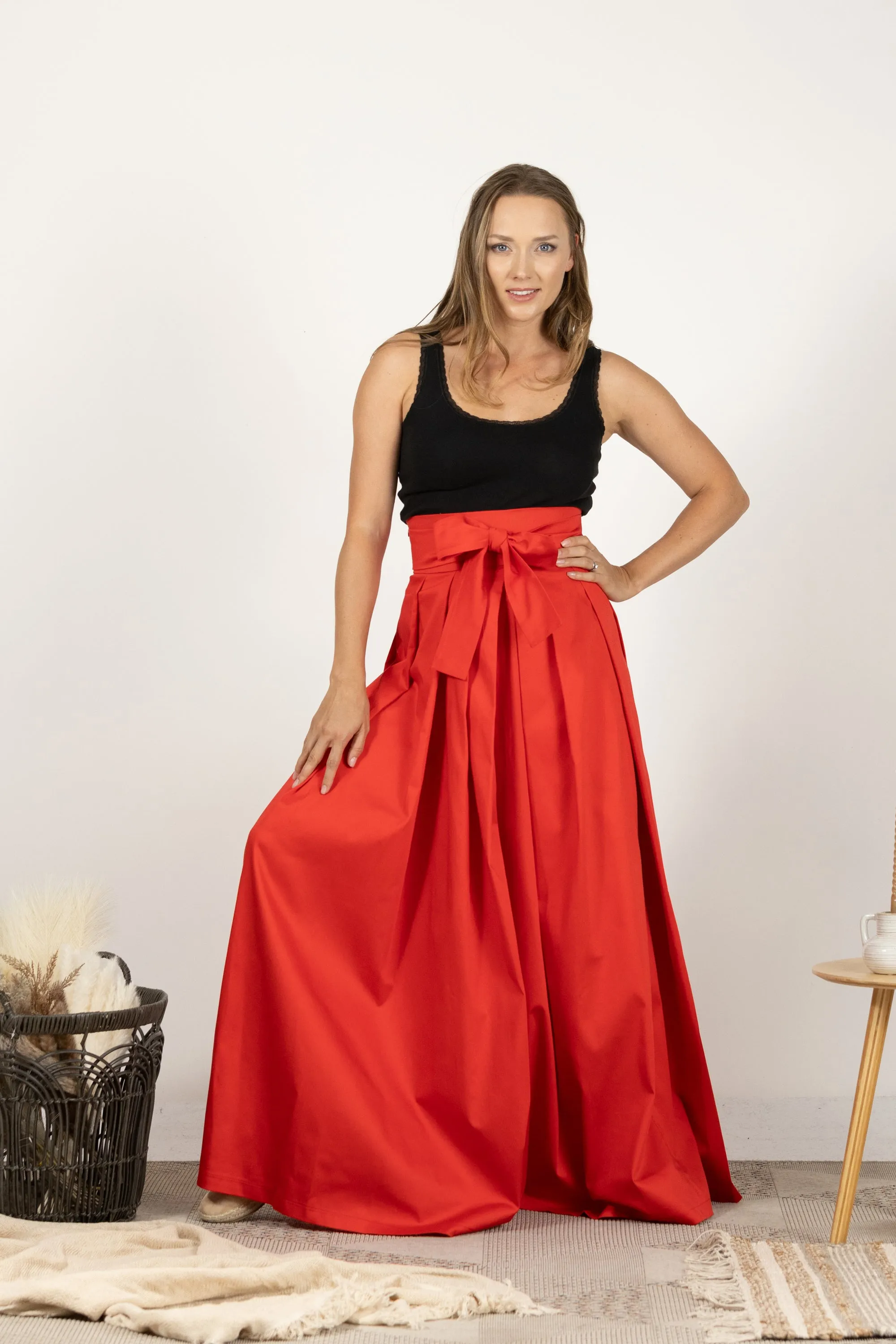 Red High Waist Pleated Maxi Skirt