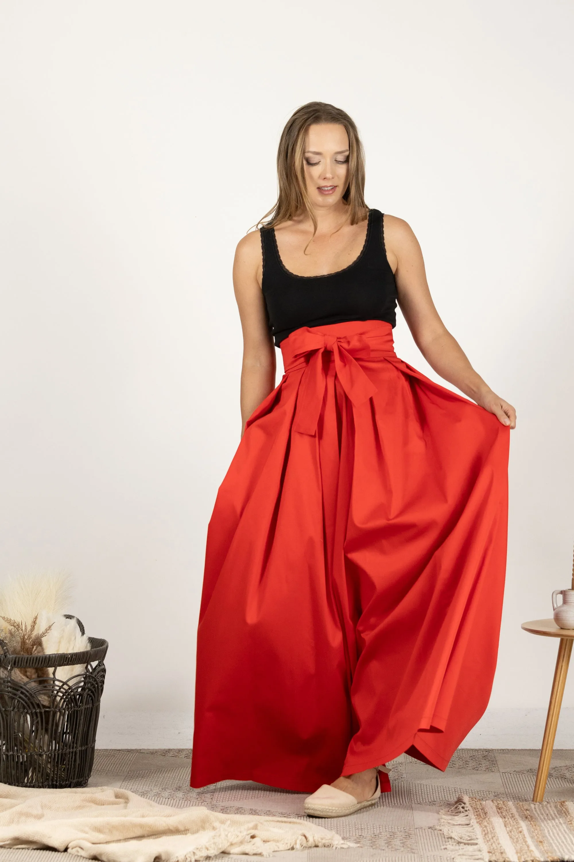 Red High Waist Pleated Maxi Skirt