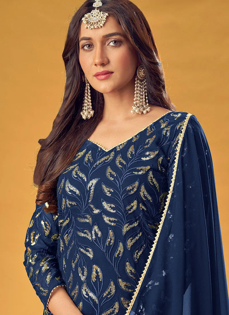 Royal Blue Sequence Embroidered Palazzo Suit