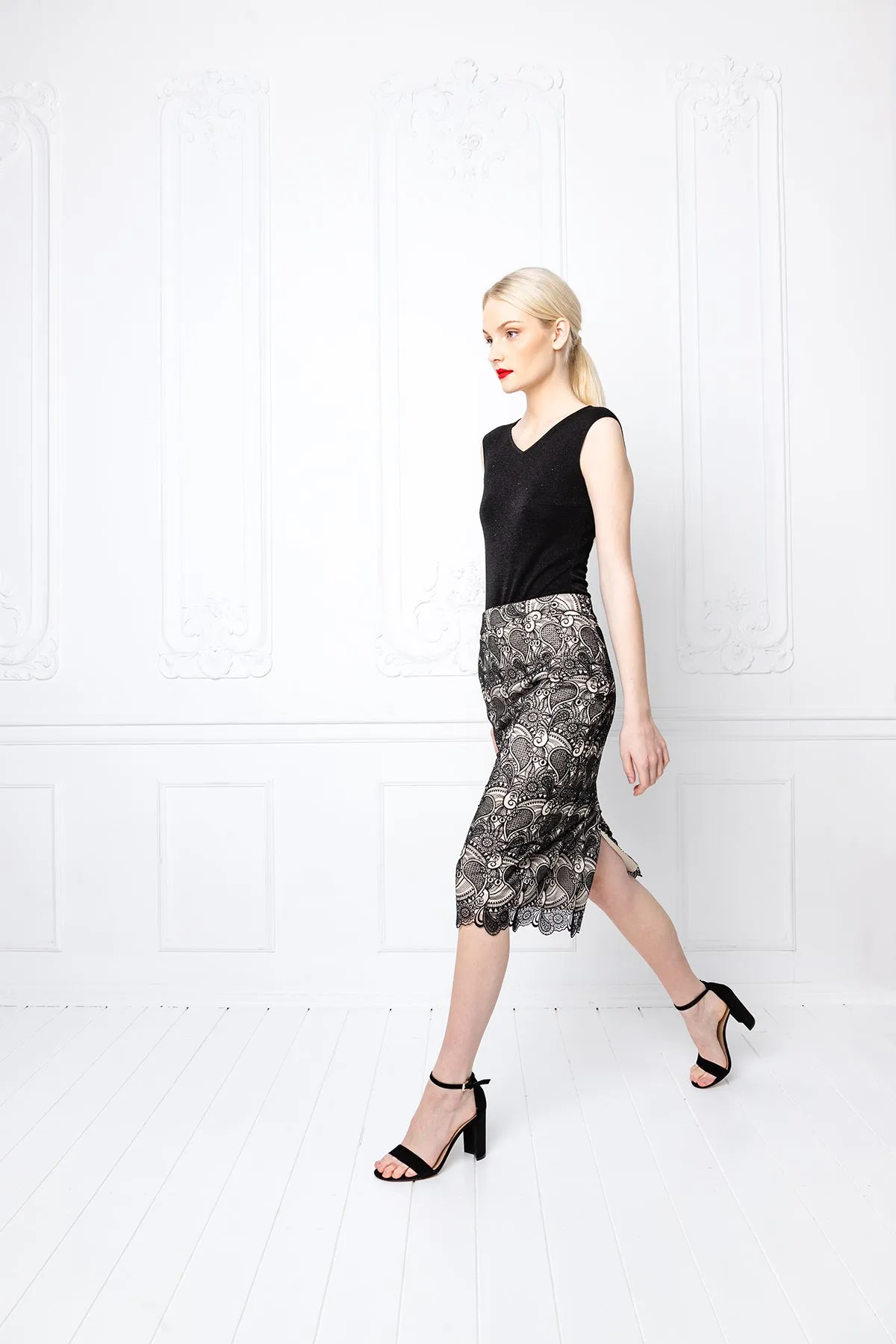 RUBIA BLACK LACE PENCIL SKIRT