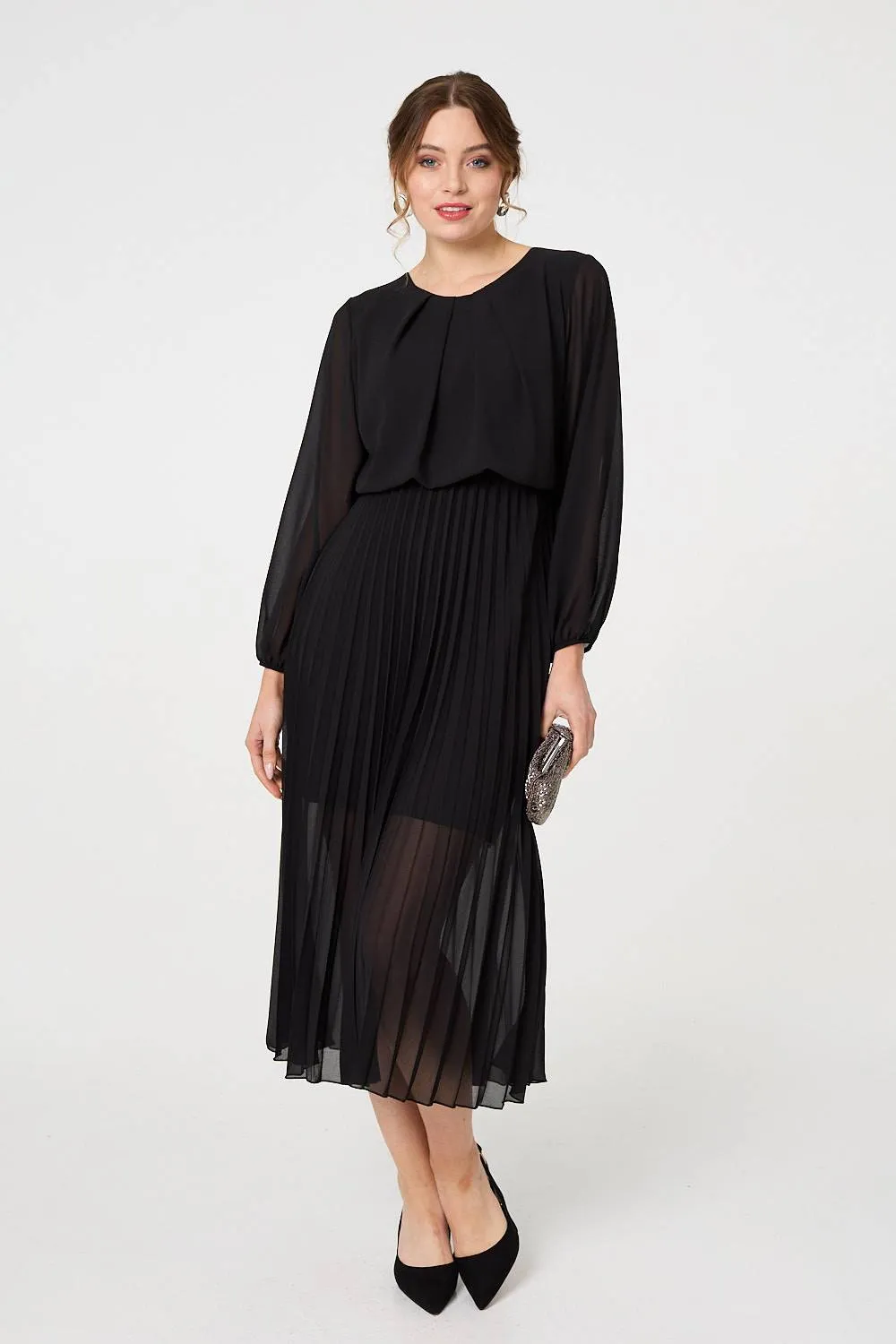 Semi Sheer Pleat Long Sleeve Midi Dress