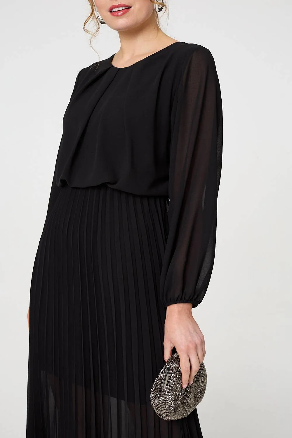 Semi Sheer Pleat Long Sleeve Midi Dress