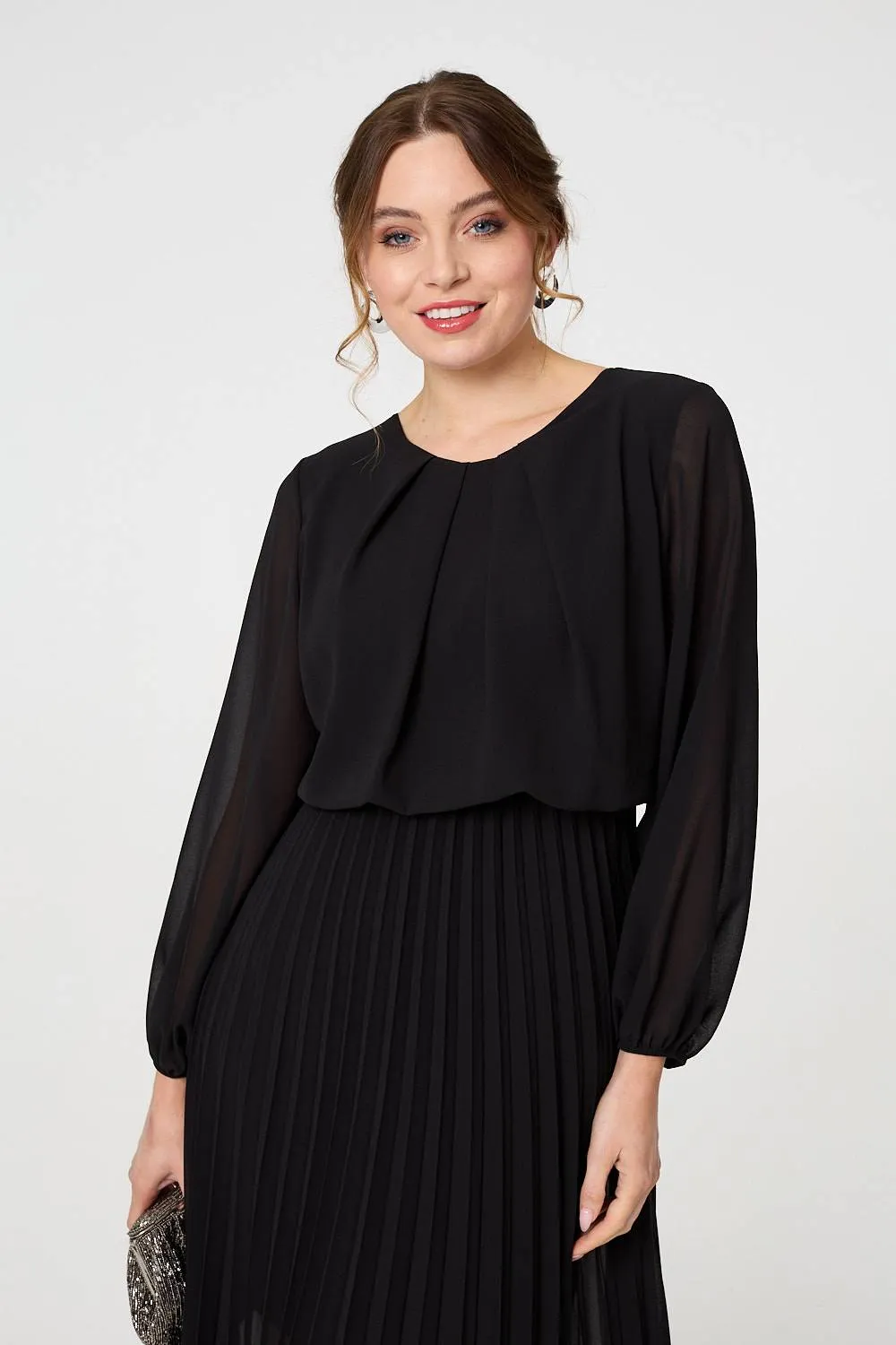 Semi Sheer Pleat Long Sleeve Midi Dress