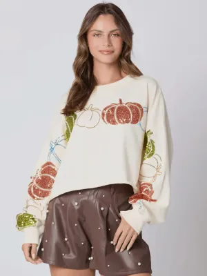 Sequin Pumpkin Patch Long Sleeve Crop Sweatshirt