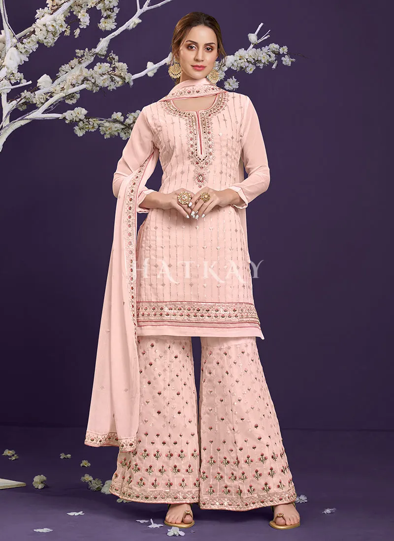 Soft Peach Multi Embroidered Designer Palazzo Suit