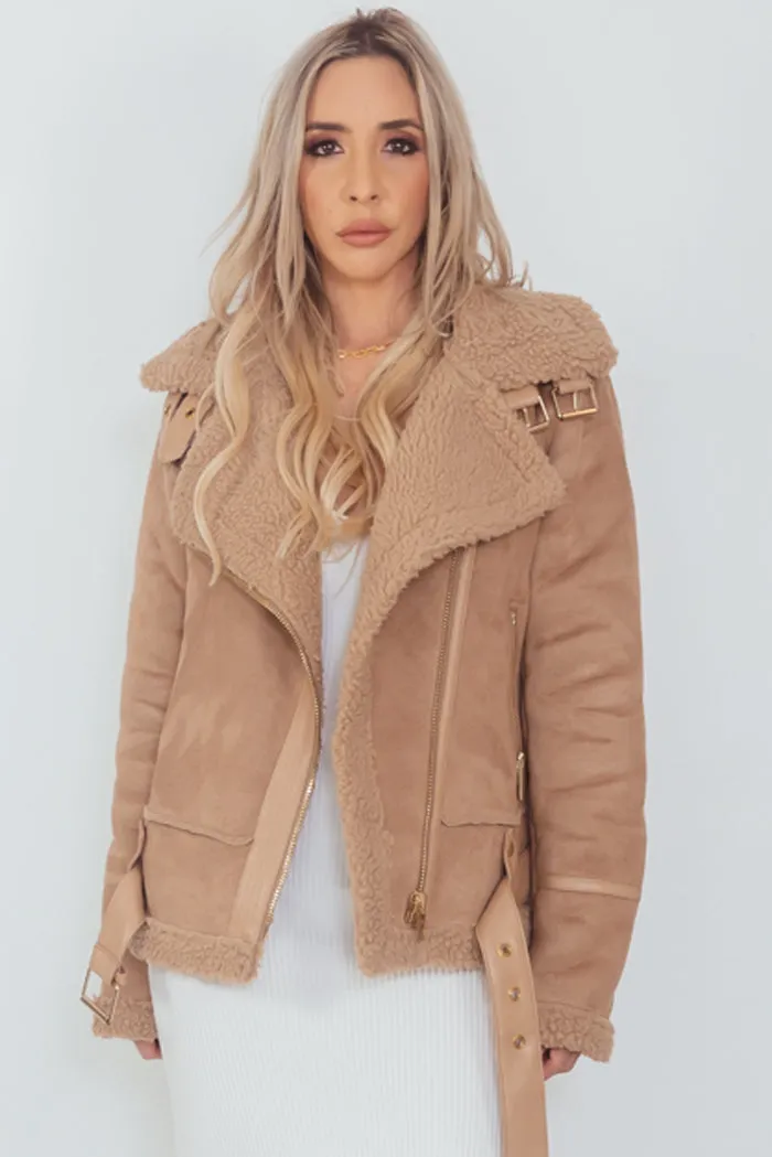 Suede Terry  Fur Coat - Camel