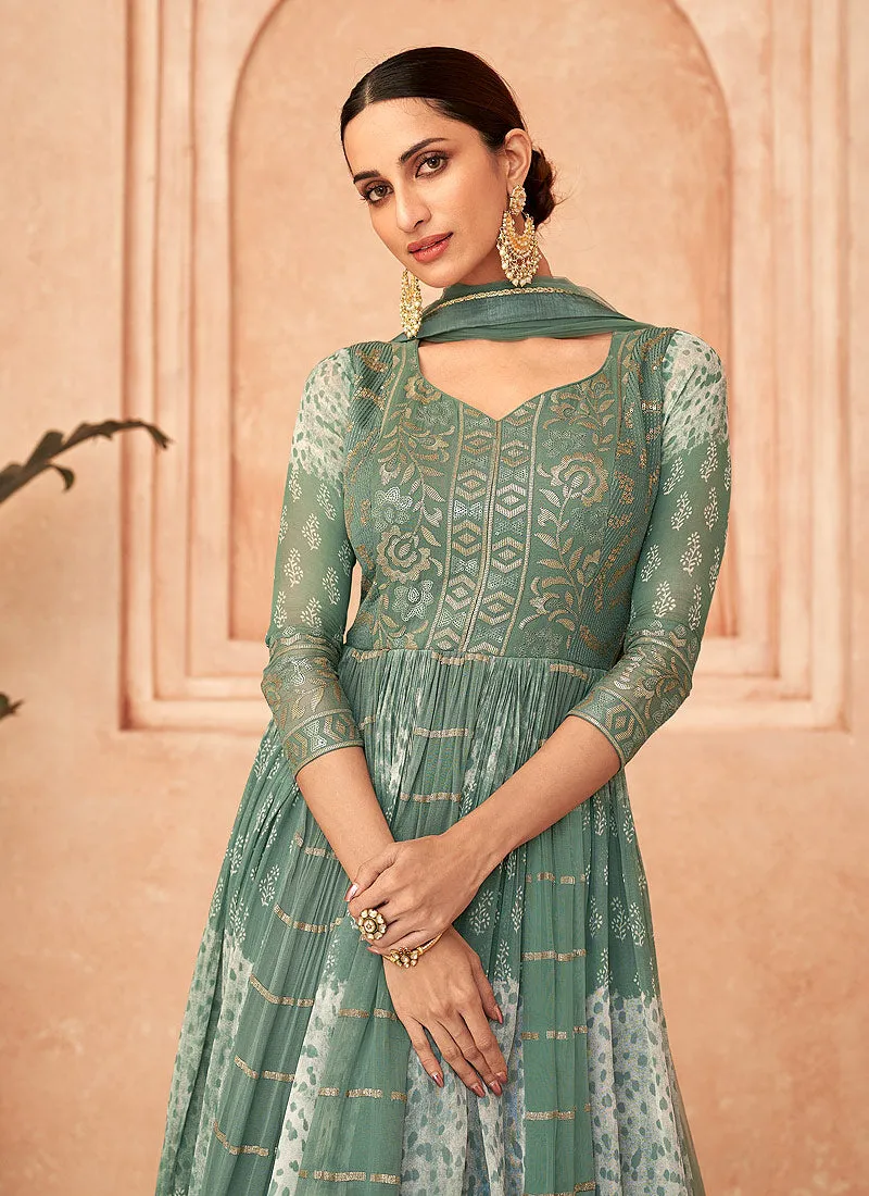 Teal And White Sequence Embroidery Georgette Anarkali Gown