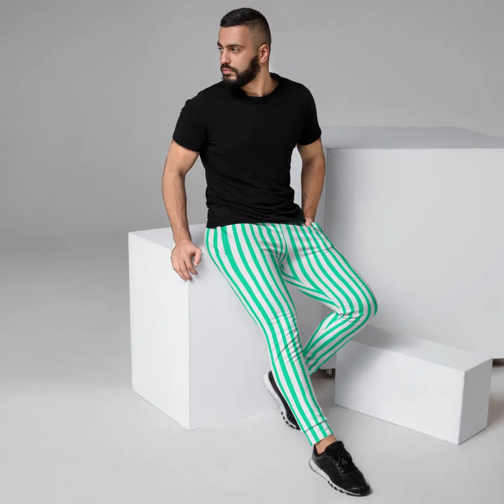 Turquoise Blue Striped Men's Joggers, White Stripes Print Casual Sweatpants-Made in EU