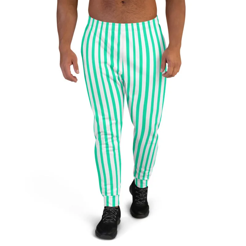 Turquoise Blue Striped Men's Joggers, White Stripes Print Casual Sweatpants-Made in EU