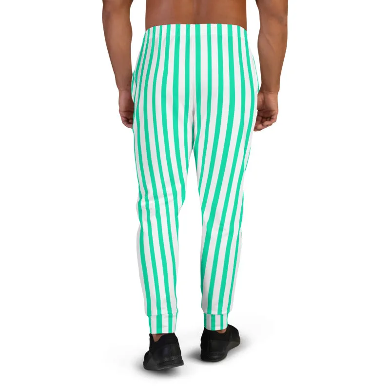 Turquoise Blue Striped Men's Joggers, White Stripes Print Casual Sweatpants-Made in EU