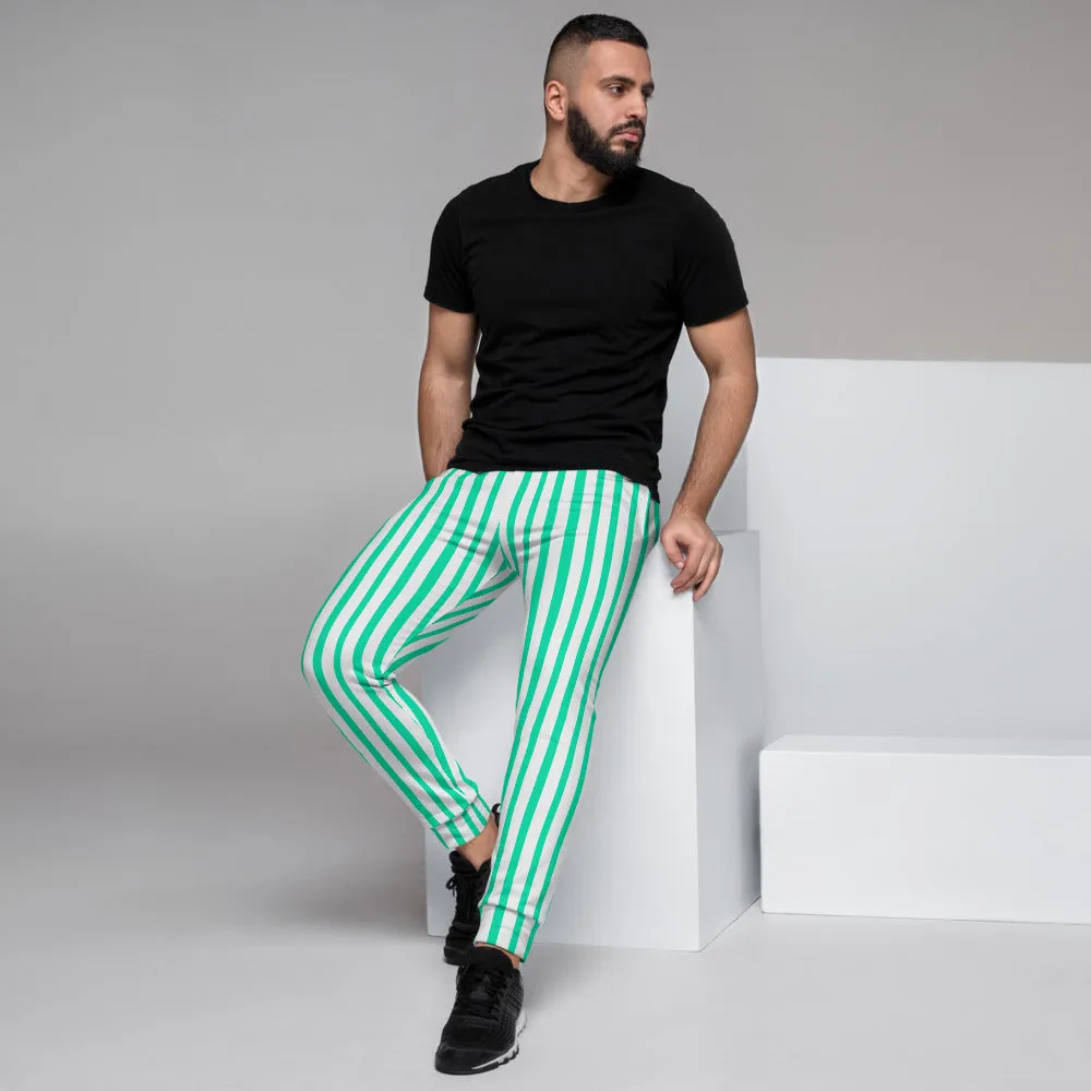 Turquoise Blue Striped Men's Joggers, White Stripes Print Casual Sweatpants-Made in EU