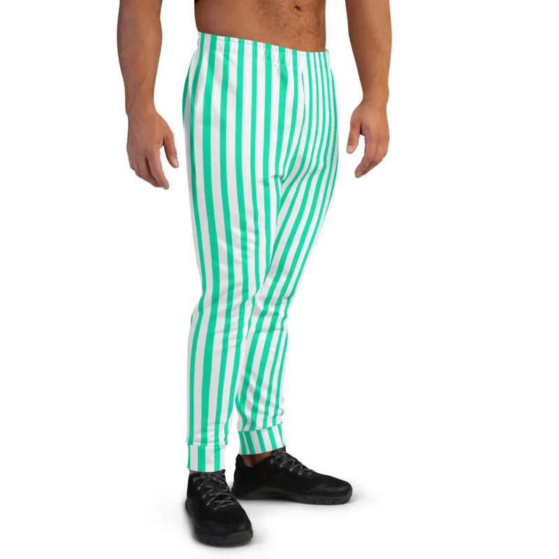 Turquoise Blue Striped Men's Joggers, White Stripes Print Casual Sweatpants-Made in EU