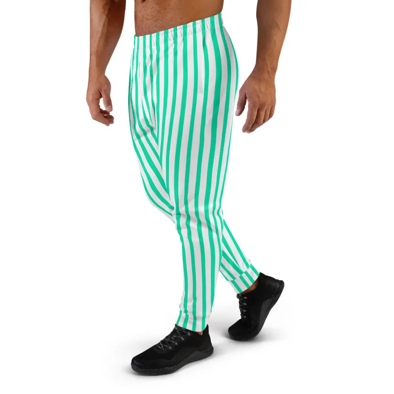 Turquoise Blue Striped Men's Joggers, White Stripes Print Casual Sweatpants-Made in EU