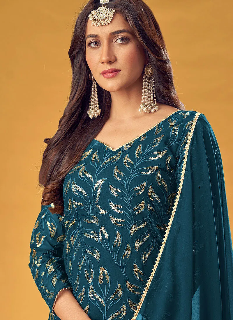 Turquoise Sequence Embroidered Palazzo Suit